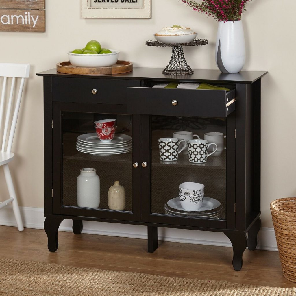 Antique Brown Sideboard Buffet Console Table with Glass Doors